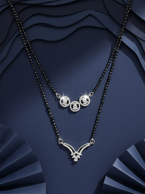 Adiva Set of 2 Silver-Plated CZ Stone Mangalsutra with Beads Daily Wear Classic Style Brass Mangalsutra