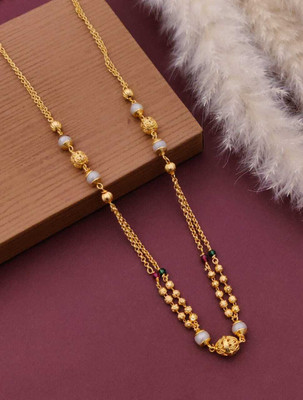 LIVENTA Long Traditional Gold Look Mala with White Beads | Maharashtrian Jewelry Brass Mangalsutra