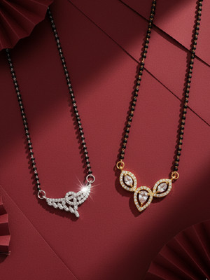 Adiva Set of 2 Silver & Gold-Plated Premium CZ Stone Beaded Mangalsutra for Women Brass Mangalsutra