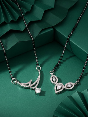 Adiva Set of 2 Silver-Plated Designer CZ Stone Mangalsutra with Beads Elegant Look Brass Mangalsutra