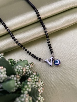 Digital Dress Room V Letter Alphabet With Blue Evil Eye Charm Pendant Short Silver Name Mangalsutra Brass Mangalsutra