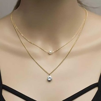 brado jewellery American Diamond and White Pearl 2 Layer Necklace Golden Satari Chain Pendant for Women and Girls Cubic Zirconia Gold-plated Plated Brass Chain