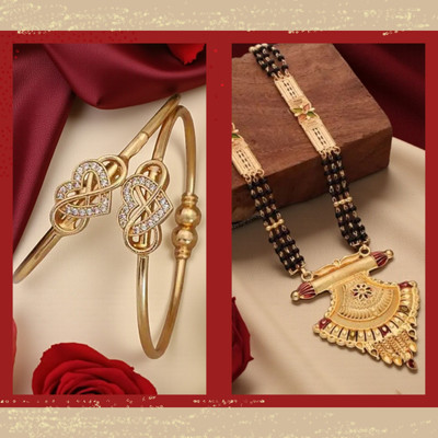 REEWAZIMPERIAL 30 Inch Black Bead Mangalsutra with Heart Style Gold Plated Bangles Brass Mangalsutra