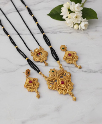 Rasadiya Traditional Gold-Plated Dual Pendant Mangalsutra with Earrings for Women Alloy Mangalsutra