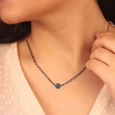 THANU'S CRAFT Silver Plated Ball Black Beads Mangalsutra Chain Necklace With AD Stone Metal Mangalsutra