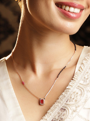 RUBANS Rubans 18K Gold-Plated Ruby & Cubic Zirconia Black and Gold Beaded Mangalsutra Brass Mangalsutra