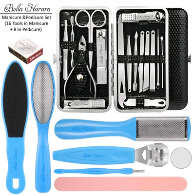 BELLA HARARO Professional 16 in 1 Manicure with Case and 8 in 1 Pedicure Tools; Complete Set(24 g, Set of 24)
