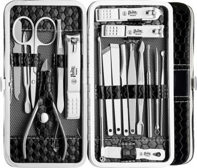Beaute Secrets 18 in 1 Stainless Steel Manicure Pedicure Set Nail Cutter Scissors Care Set Tweezers Knife Ear Pick Eyebrow Scissors Utility Tools Grooming Kits with Leather Case(18, Set of 18)