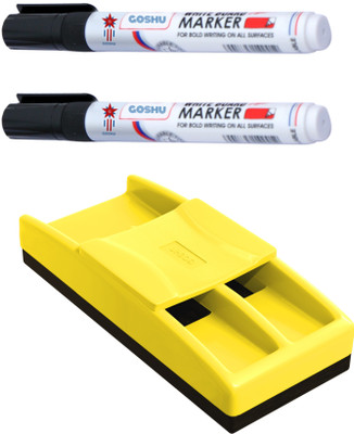 GOSHU Non Magnetic White board Duster with Two Black Ink Marker Pens(Set of 3, Yellow Duster, Black Ink Marker)