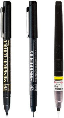 Zig Special Illustration Basic Set Brush Pen, Mangaka Flexible Fine & Micron Pen 05(Set of 3, Black)