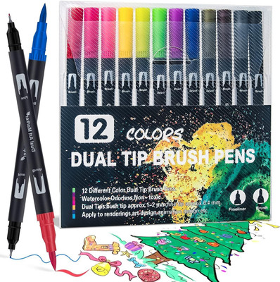 Soucolor 12 Pcs Dual Tip Brush Pens Felt Tip Pen Set 12 Colors(Set of 12, Random Color)
