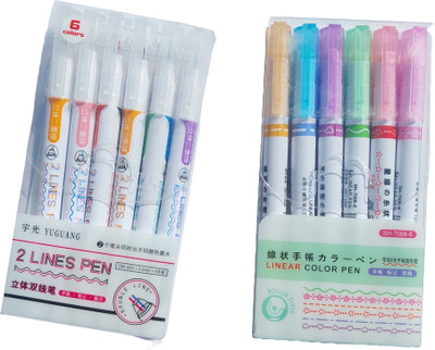 HARDSOSH 2 Liner Pen and Roller Curve Highlighter Combo(Set of 12, Multicolor)
