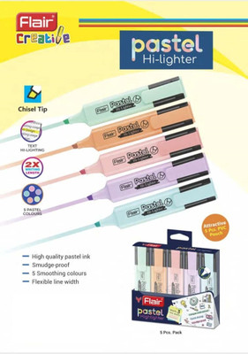 FLAIR Creative Pastel Highlighter Set (Set of 5, Multicolor)(Set of 5, Multicolor)