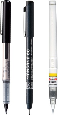 Zig Illustration Special Set White Brush Pen Fudegokochi Black & Micron Pen CNM-08(Set of 3, White, Black)
