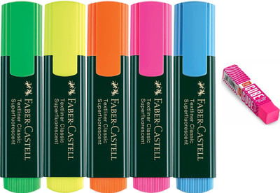 FABER-CASTELL Highlighter Set Of 5 With Cube Eraser(Set of 5, Multicolor)