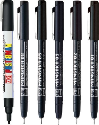 Zig Special Combo Set Mangaka Fineliner Pens 01,02,03,05,08 & Posterman Paint Marker(Set of 6, Black)