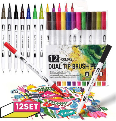 Qatalitic 12 pc Dual Tip Brush Marker Pens, Double End Painting Pen for Drawing & Colour(Set of 12, Brush Tip with Fine Liner 0.4 mm and Markers Pen with 1-2 mm Tip Multicolor)