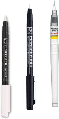Zig Special Set Illustration Basic Set [1 Black Markers CNM-003 & 2 White Brush Pen](Set of 3, White, Black)