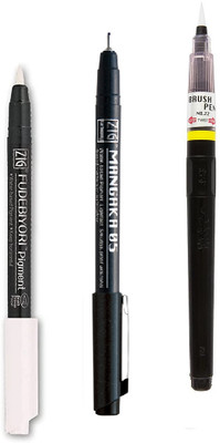Zig Special Set Illustration Basic Set [2 Black Markers CNM-05 & 1 White Brush Pen](Set of 3, White, Black)