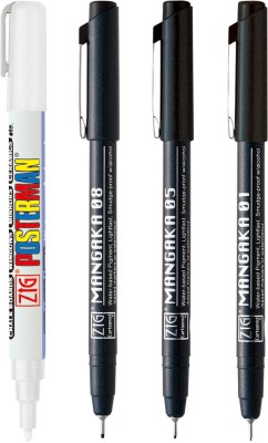 Zig Special Combo Set Mangaka Fineliner Pens 01,05,08 & Posterman Paint Marker(Set of 4, White, Black)