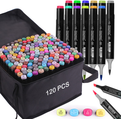 MYHEART Alcohol Based Dual Head Broad and Fine Tip Marker Drawing Pen with Pouch(Set of 120, Multicolor)