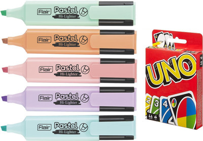 FLAIR Creative Pastel Highlighter With UNO Card(Set of 5, Multicolor)