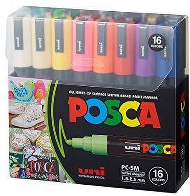 Posca 5M 1.8-2.5 mm Bullet Shaped Paint Marker Pen | Reversible & Washable Tips(Set of 16, Multicolor)
