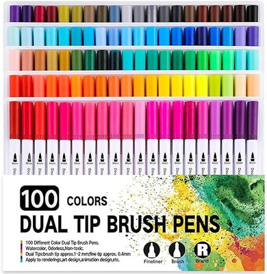 Bluedeal Markers Dual Tips Coloring Brush Fineliner Marker Pens Set for Drawing Sketching(Set of 100, Mulitcolour)