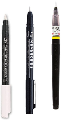 Zig Special Set Illustration Basic Set [2 Black Markers CNM-03 & 1 White Brush Pen](Set of 3, White, Black)
