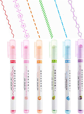 Shihen Curve Highlighter Pen Set, 6pcs Linear Markers with Curve Shapes Fine Tips(Set of 6, Multicolor)