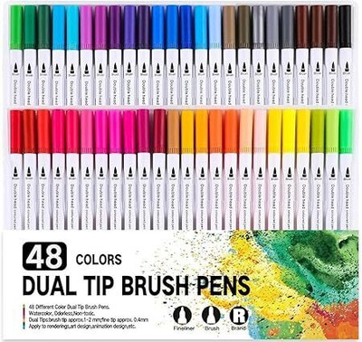 LEUTINO Marker Pen Set Dual Head Water Based Drawing Soft Brush Fineline Tip Color Pen(Set of 48, Mulitcolour)