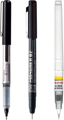 Zig Illustration Special Set White Brush Pen Fudegokochi Black & Micron Pen CNM-02(Set of 3, White, Black)