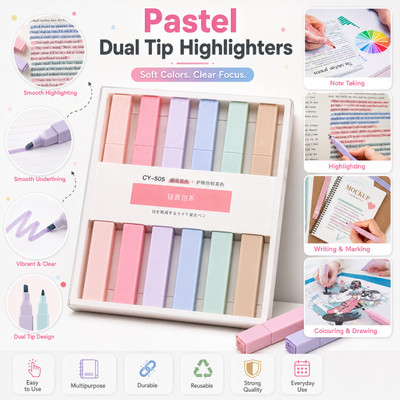 QOZWEID Cute Aesthetic Modern Minimal Pastel Tip Highlighters Pen Soft Chisel Marker(Set of 6, Multicolor)