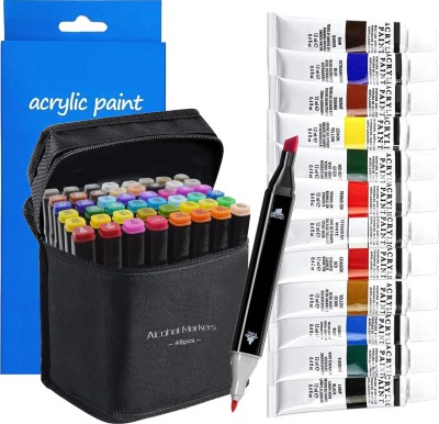 KDZONE Alcohol 48 Pcs Dual Tip Marker Pen Set With Acrylic Paint Set 12 Pcs(Set of 60, Multicolor)