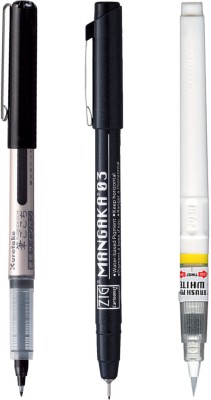 Zig Illustration Special Set White Brush Pen Fudegokochi Black & Micron Pen CNM-03(Set of 3, White, Black)