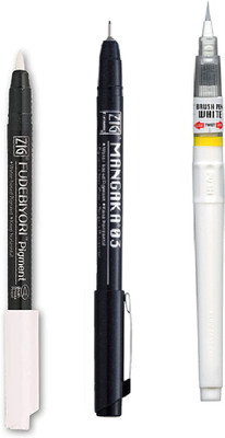 Zig Special Set Illustration Basic Set [1 Black Markers CNM-03 & 2 White Brush Pen](Set of 3, White, Black)