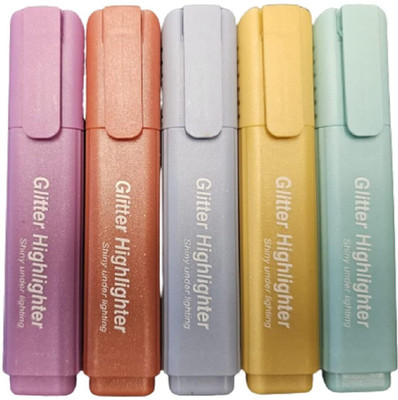 SAH Glitter Highlighter Pens in Fluorescent Colors(Set of 5, Multicolor)