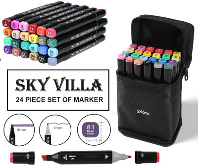 SKYVILLA Dual Tip Art Markers-24 Colours With Carrying Case For Painting Sketching(Set of 24, Multicolor)