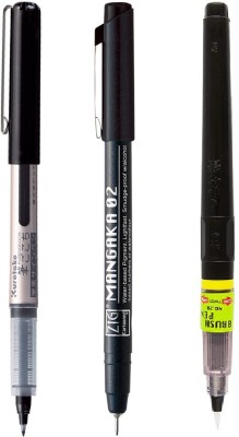 Zig Illustration Special Set White Brush Pen Fudegokochi Black & Micron Pen CNM-02(Set of 3, Black)