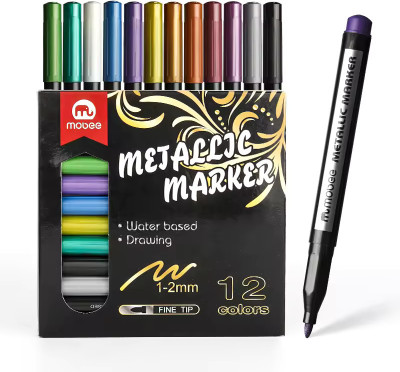 Mobee Premium Metallic Marker Pen for Black Paper Card Making Easter Egg Rock Painting(Set of 12, Multicolor)