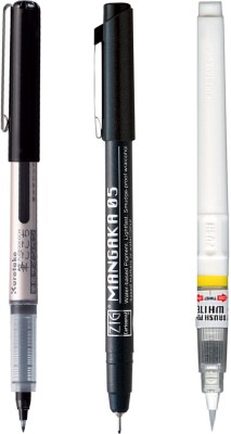 Zig Illustration Special Set White Brush Pen Fudegokochi Black & Micron Pen CNM-05(Set of 3, White, Black)