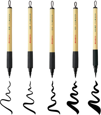 Zig Bimoji Brush Pen, 5 pcs set (Extra Fine, Fine, Medium, Large, Medium Brush)(Set of 5, BLACK INK MADE IN JAPAN)