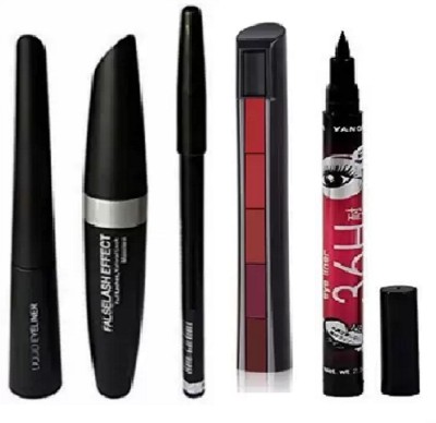 Vagons Combo Waterproof Eyeliner, Mascara, Eyebrow Pencil,Lipstick,eyeliner 4 ml(Red, Black)