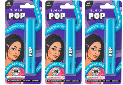 SUGAR POP Volumizing Mascara, Lengthens|Smudge-proof|Intense black formula|Quick drying 9 ml(01-Black-Pack-3)