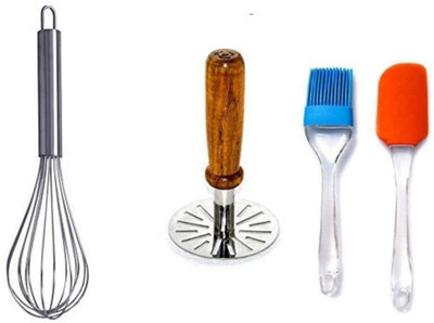 CRYZONE Silicone Spatula Brush Set with Egg Whisker and Wooden Handle Potato Masher Stainless Steel Masher(Pack of 4)