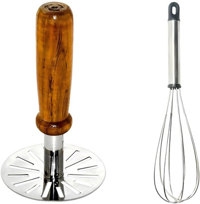 diya home Wooden Handle Masher & Stainless Steel Whisk Set – Multipurpose Kitchen Tools Stainless Steel Masher(Pack of 2)
