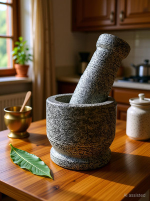 Cruzun Mortar and Pestle Set 5" Inch Idikallu/Ural/Okhli Masher/Khalbatta/imam Stoneware Masher(Pack of 1)