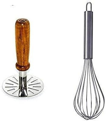 Aric Vegetable/Potato/Pav Bhaji Masher with Wooden Handle & Hand Blender Whisk Stainless Steel Masher(Pack of 2)