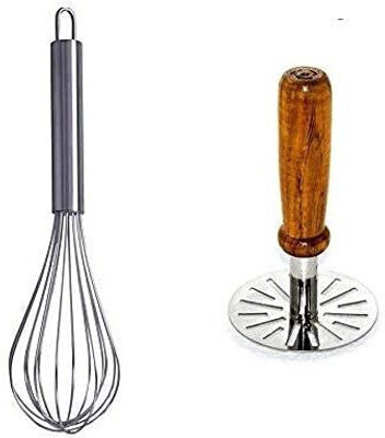AFFODYL Vegetable/Potato/Pav Bhaji Masher with Wooden Handle & Hand Blender Whisk Stainless Steel Masher(Pack of 2)
