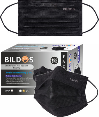 BILDOS 3 Layer 100 Mask Black masks(Black, Free Size, Pack of 100)